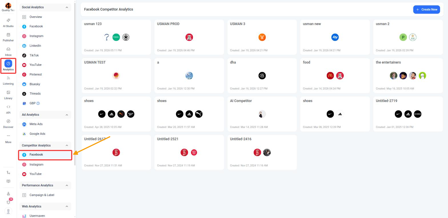 Analytics in the left menu and Facebook under Competitor Analytics