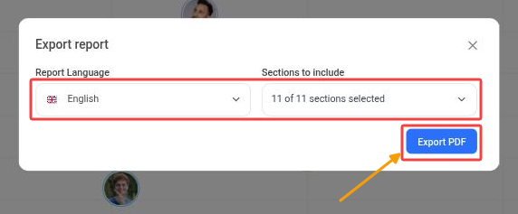 Export report window with Report Language, Sections to include and the Export PDF button