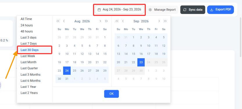 Date range picker with Last 30 Days selected