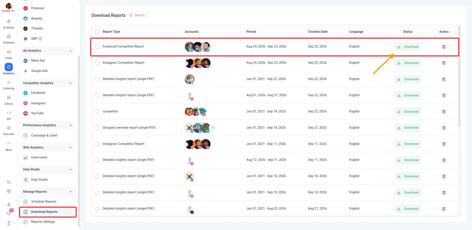 Download Reports page listing the exported Facebook Competitor Report with its Download button