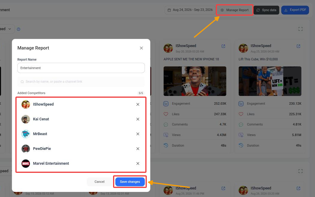 Manage Report window opened from the report header, with the competitor list and Save changes