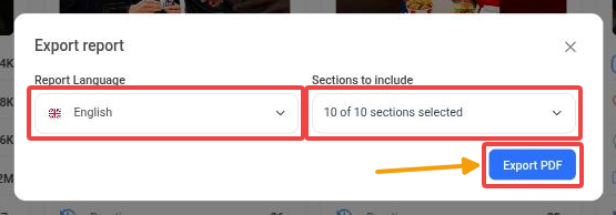Export report window with Report Language, Sections to include and the Export PDF button