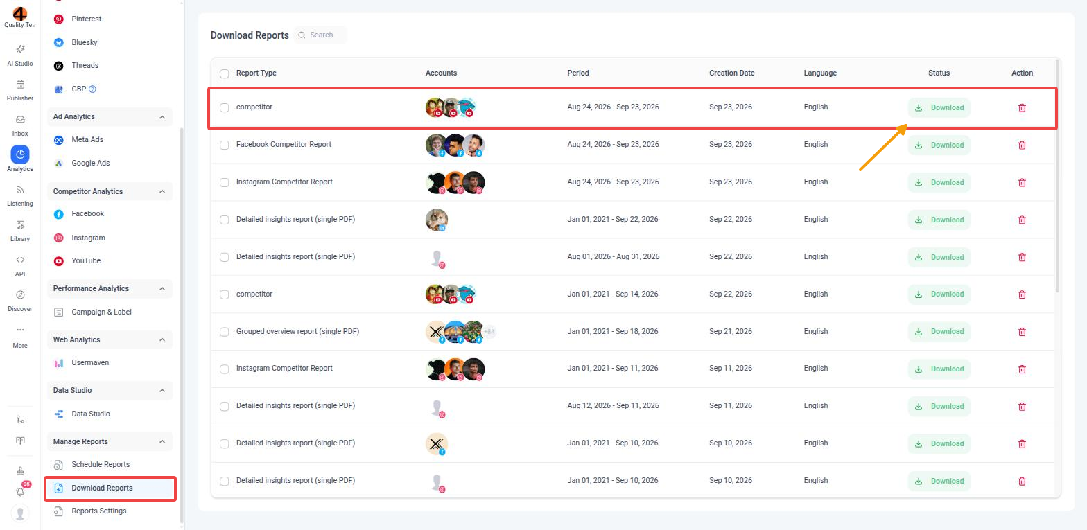 Download Reports page listing the exported YouTube competitor report with its Download button