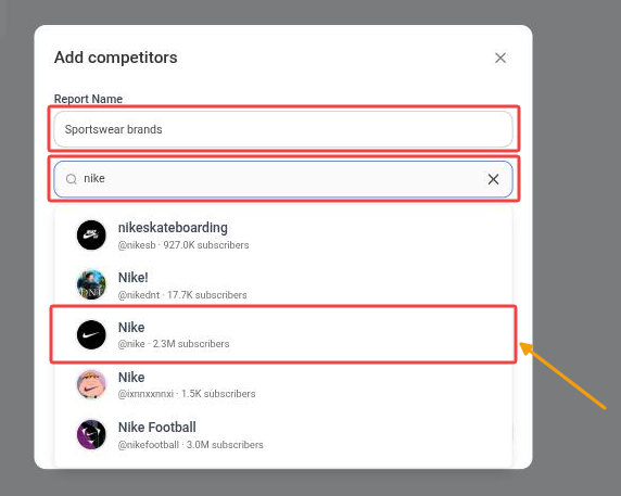 Add competitors window with a report name and YouTube channel search results showing handles and subscriber counts