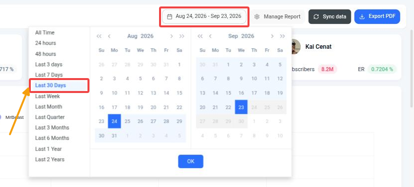Date range picker with Last 30 Days selected