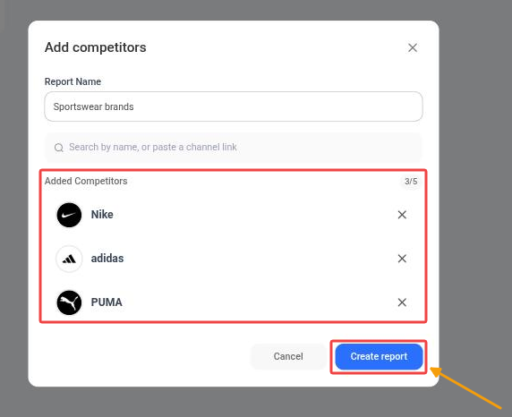 Added channels with the 3/5 counter and the Create report button