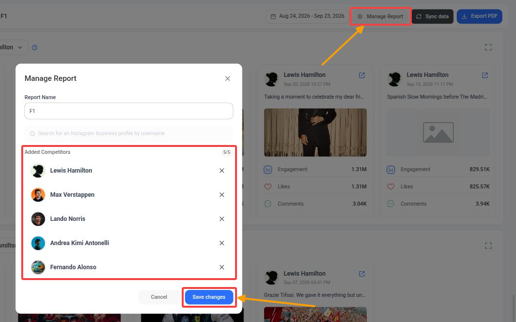 Manage Report window opened from the report header, with the competitor list and Save changes
