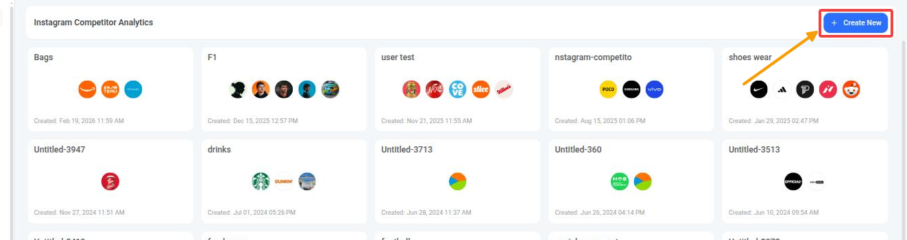 Create New button on the Instagram competitor report list
