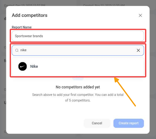 Add competitors window with a report name and Instagram profile search results
