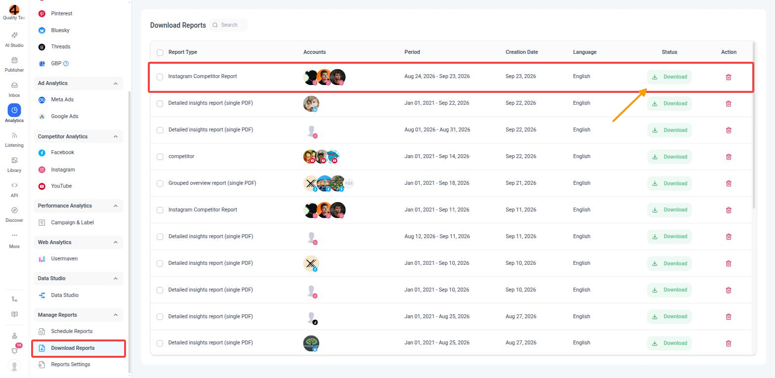 Download Reports page listing the exported Instagram Competitor Report with its Download button