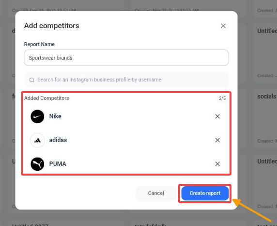 Added competitors with the 3/5 counter and the Create report button