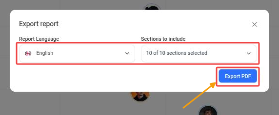 Export report window with Report Language, Sections to include and the Export PDF button