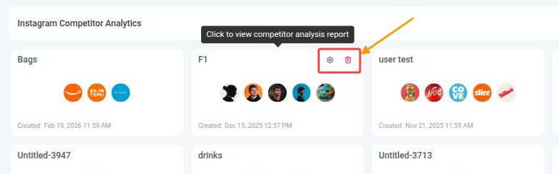 Settings (gear) and delete (trash) icons shown when hovering over a report card