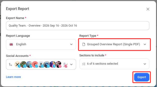 Export Report dialog opened from the Overview page with Grouped overview report selected; the Report Type field and the Export button are highlighted