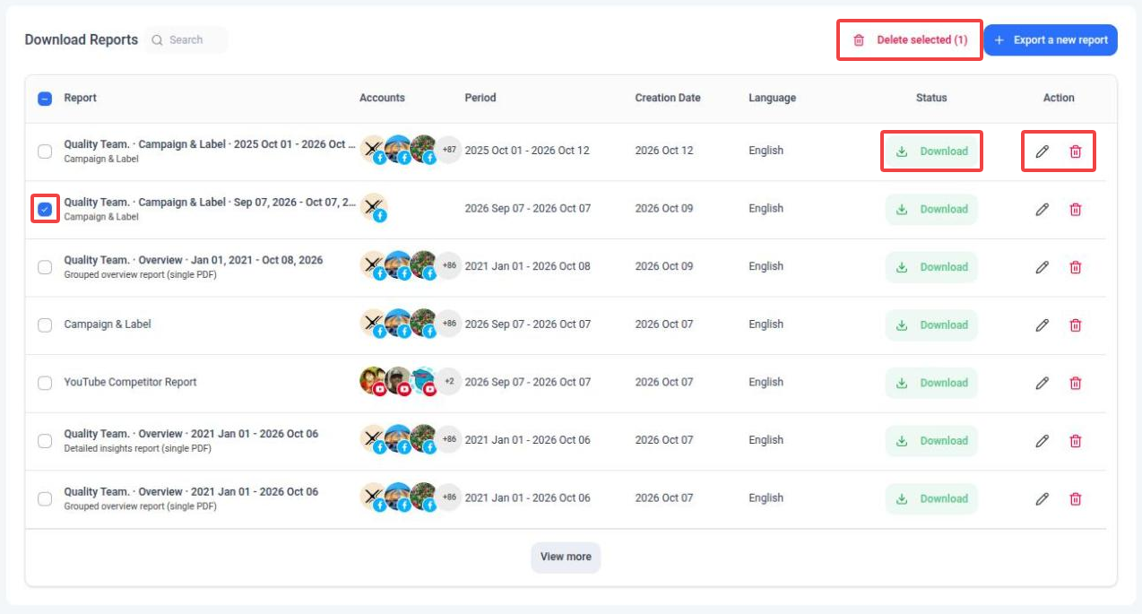 Download Reports list showing each export with its accounts, period, creation date, language and status; the Download button, the rename and remove icons, a selected report and the Delete selected button are highlighted