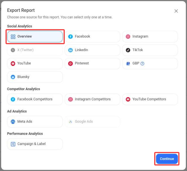Export Report source picker listing Social Analytics, Competitor Analytics, Ad Analytics and Performance Analytics sources; Overview is selected and the Continue button is highlighted