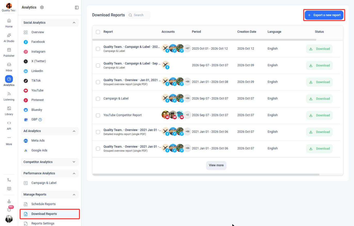 Download Reports page in Analytics; Download Reports under Manage Reports in the sidebar and the Export a new report button are highlighted