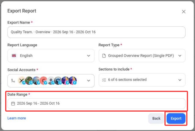 Export Report form opened from Download Reports with an Overview source; the Date Range field and the Export button are highlighted