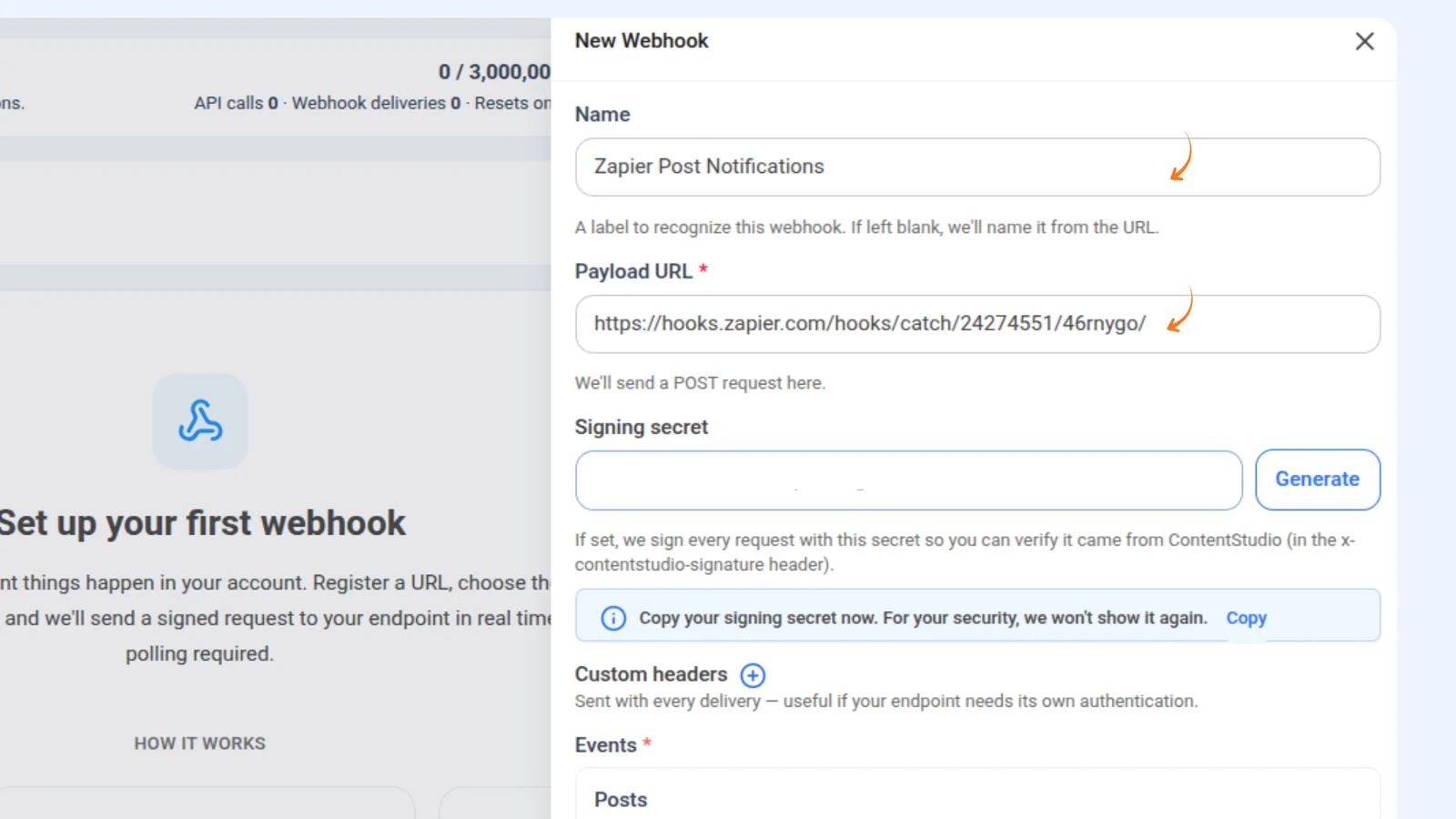 Entering the webhook name and payload URL in ContentStudio
