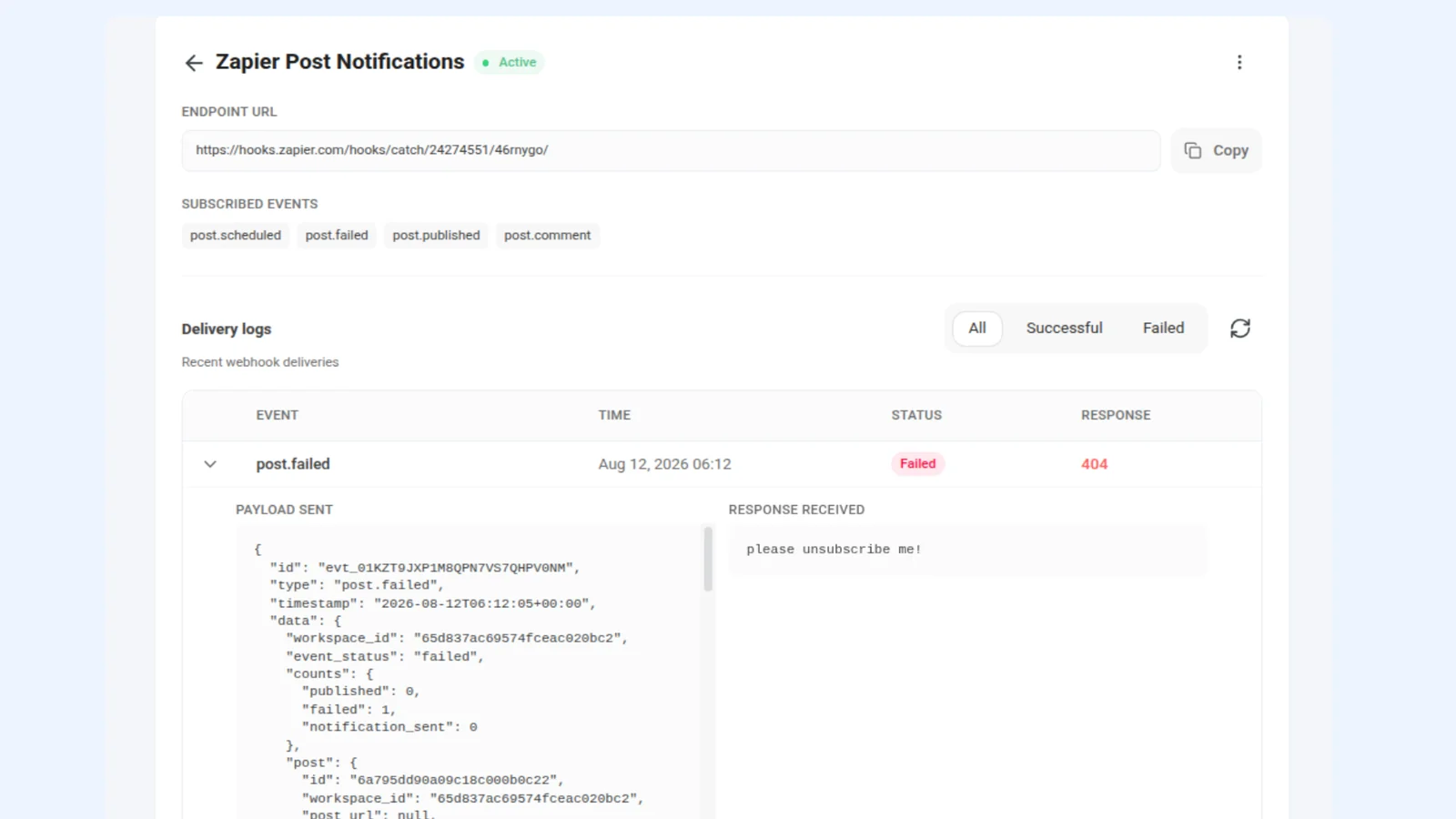 Webhook delivery logs in ContentStudio