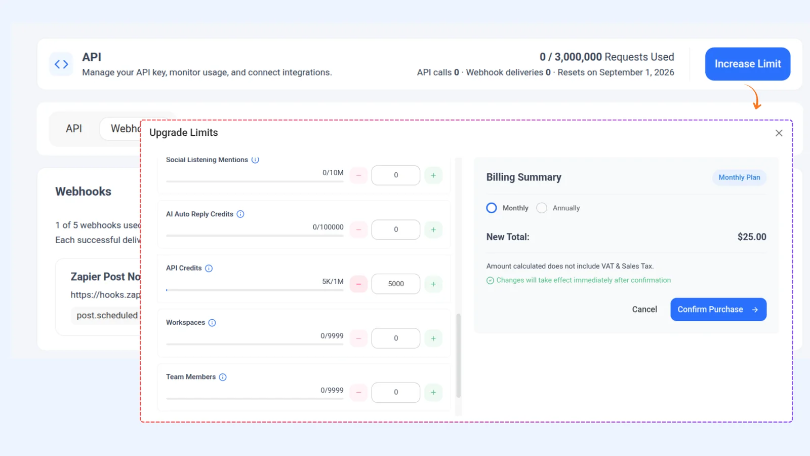 API requests used and the Increase Limit button on the API page