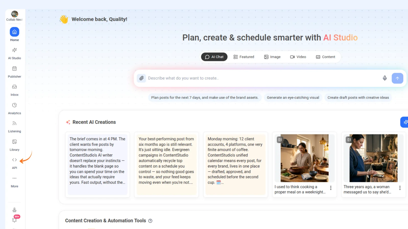 Opening the API page from the ContentStudio sidebar to manage webhooks
