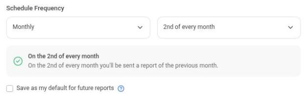 Schedule Frequency set to Monthly on the 2nd of every month, with the summary of when the report is sent and the Save as my default for future reports option