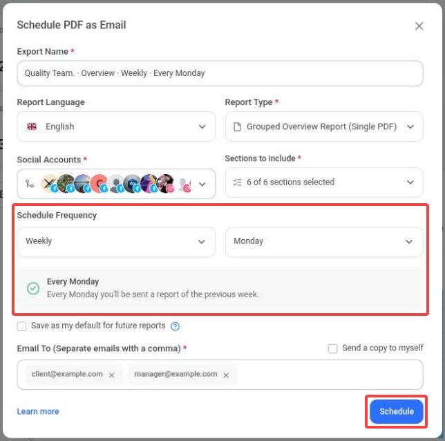 Schedule PDF as Email dialog opened from the Overview page with a weekly Monday schedule and two email addresses; the Schedule Frequency settings and the Schedule button are highlighted