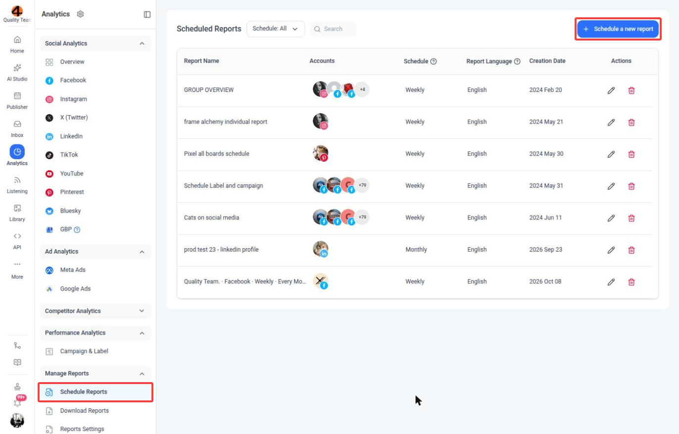 Scheduled Reports page in Analytics; Schedule Reports under Manage Reports in the sidebar and the Schedule a new report button are highlighted