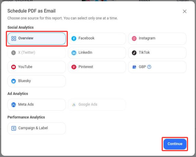 Schedule PDF as Email source picker listing Social Analytics, Ad Analytics and Performance Analytics sources; Overview is selected and the Continue button is highlighted